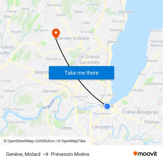 Genève, Molard to Prévessin Moëns map