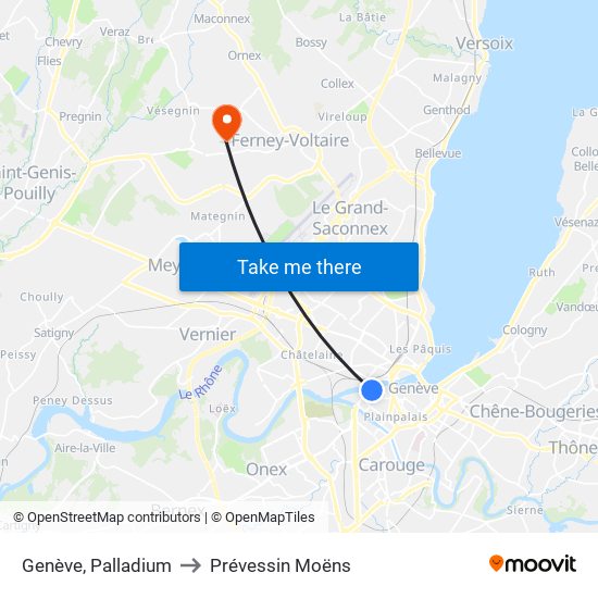 Genève, Palladium to Prévessin Moëns map