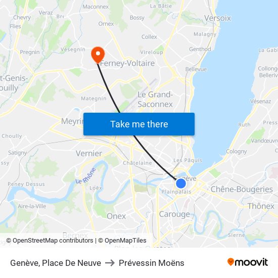 Genève, Place De Neuve to Prévessin Moëns map