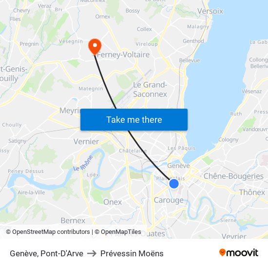 Genève, Pont-D'Arve to Prévessin Moëns map