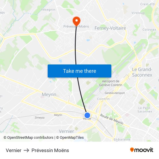 Vernier to Prévessin Moëns map