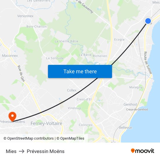 Mies to Prévessin Moëns map