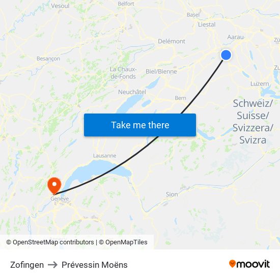 Zofingen to Prévessin Moëns map