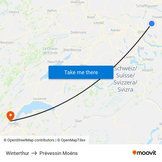 Winterthur to Prévessin Moëns map