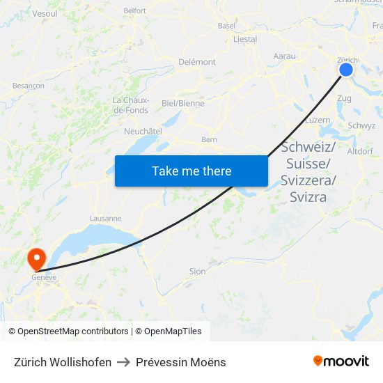 Zürich Wollishofen to Prévessin Moëns map
