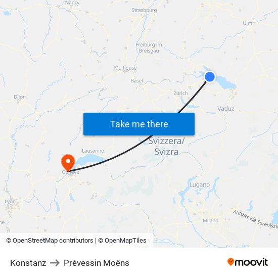 Konstanz to Prévessin Moëns map