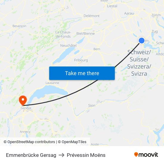 Emmenbrücke Gersag to Prévessin Moëns map