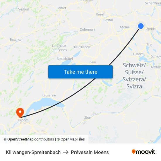 Killwangen-Spreitenbach to Prévessin Moëns map