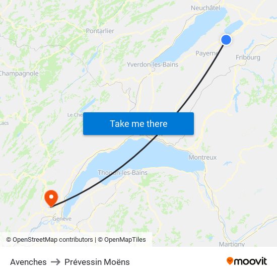 Avenches to Prévessin Moëns map