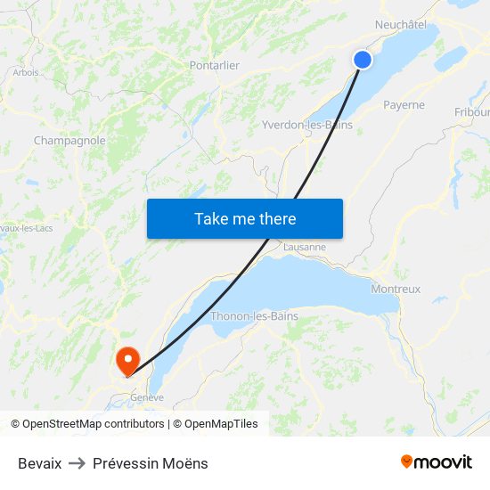 Bevaix to Prévessin Moëns map