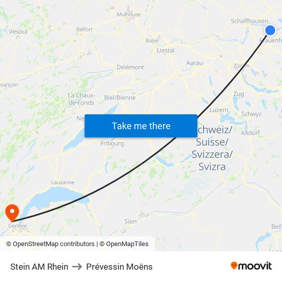 Stein AM Rhein to Prévessin Moëns map