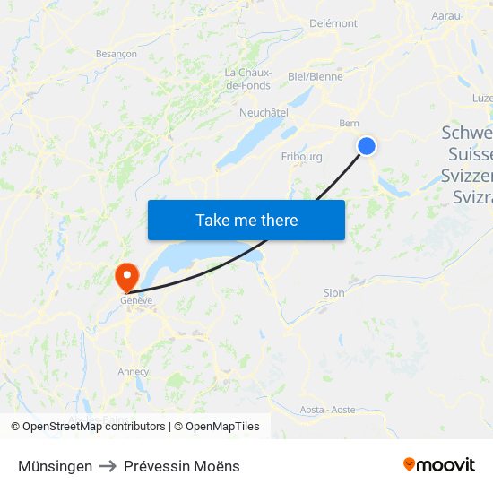 Münsingen to Prévessin Moëns map