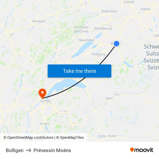 Bolligen to Prévessin Moëns map