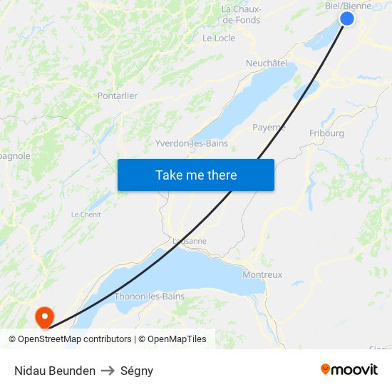 Nidau Beunden to Ségny map