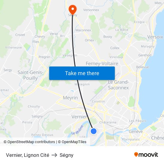 Vernier, Lignon Cité to Ségny map