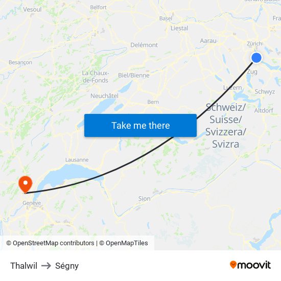 Thalwil to Ségny map