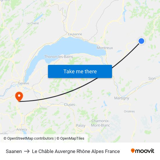 Saanen to Le Châble Auvergne Rhône Alpes France map