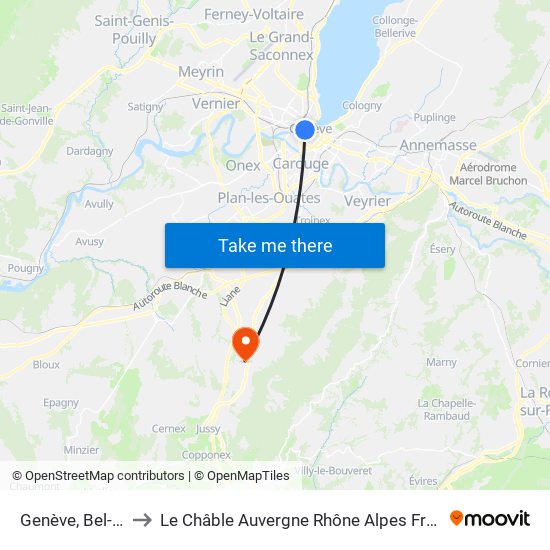 Genève, Bel-Air to Le Châble Auvergne Rhône Alpes France map