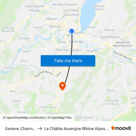 Genève, Charmilles to Le Châble Auvergne Rhône Alpes France map