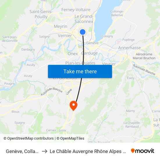 Genève, Colladon to Le Châble Auvergne Rhône Alpes France map