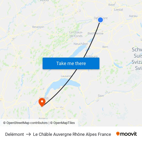 Delémont to Le Châble Auvergne Rhône Alpes France map