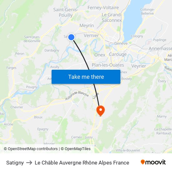 Satigny to Le Châble Auvergne Rhône Alpes France map