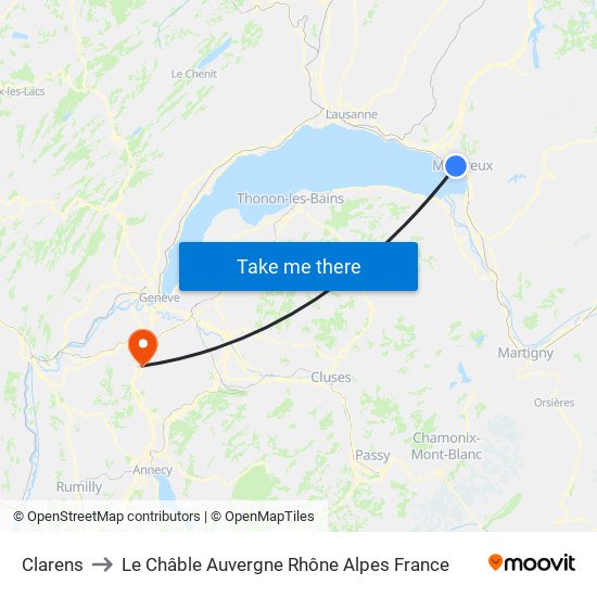 Clarens to Le Châble Auvergne Rhône Alpes France map