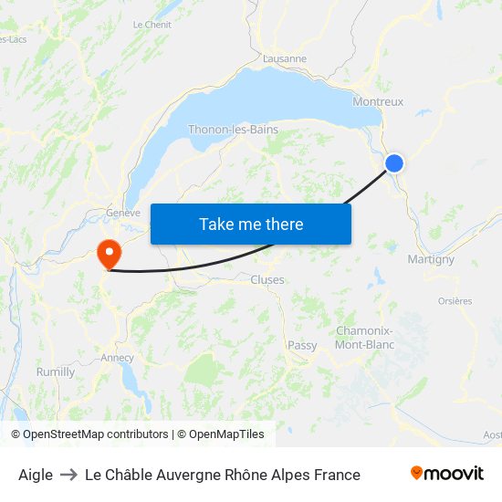 Aigle to Le Châble Auvergne Rhône Alpes France map