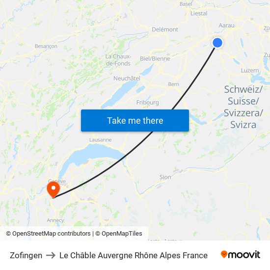 Zofingen to Le Châble Auvergne Rhône Alpes France map