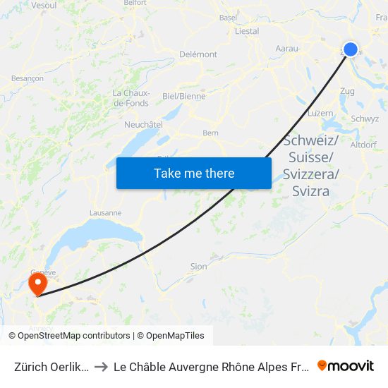 Zürich Oerlikon to Le Châble Auvergne Rhône Alpes France map