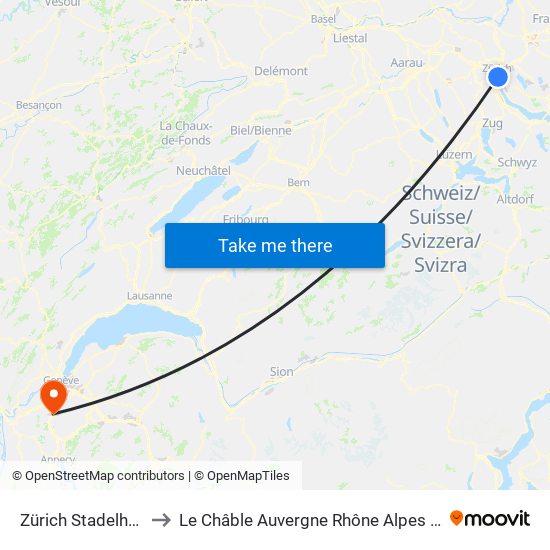 Zürich Stadelhofen to Le Châble Auvergne Rhône Alpes France map