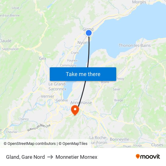 Gland, Gare Nord to Monnetier Mornex map