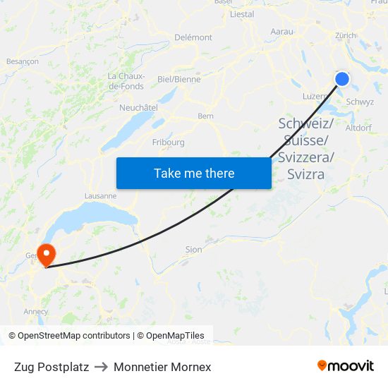 Zug Postplatz to Monnetier Mornex map