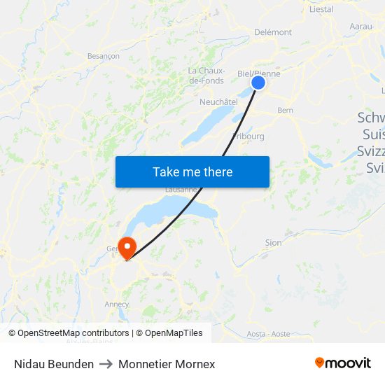 Nidau Beunden to Monnetier Mornex map