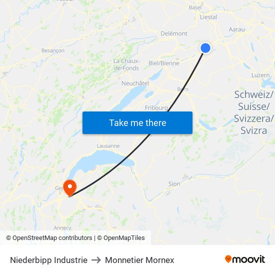 Niederbipp Industrie to Monnetier Mornex map