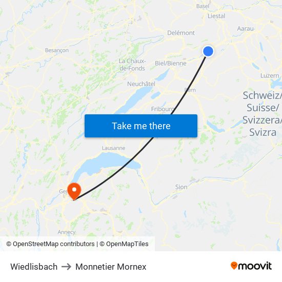 Wiedlisbach to Monnetier Mornex map