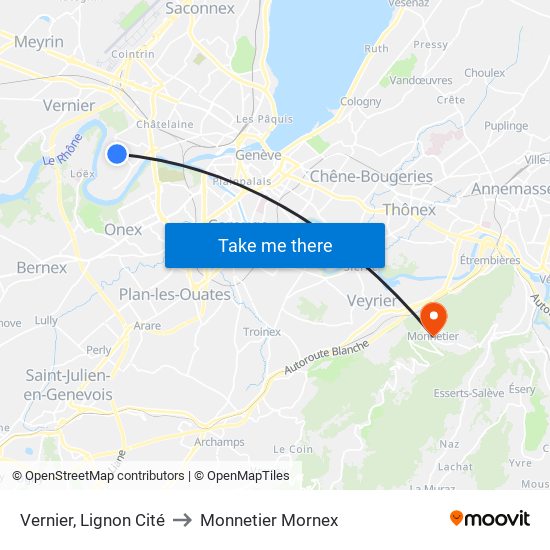 Vernier, Lignon Cité to Monnetier Mornex map