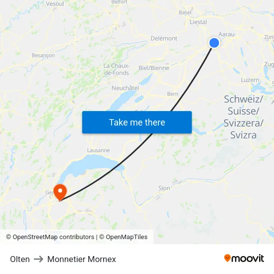 Olten to Monnetier Mornex map