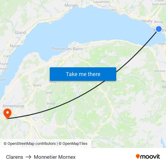 Clarens to Monnetier Mornex map
