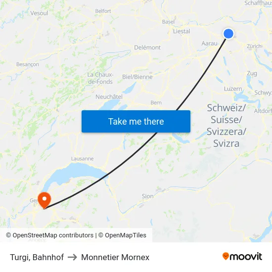 Turgi, Bahnhof to Monnetier Mornex map
