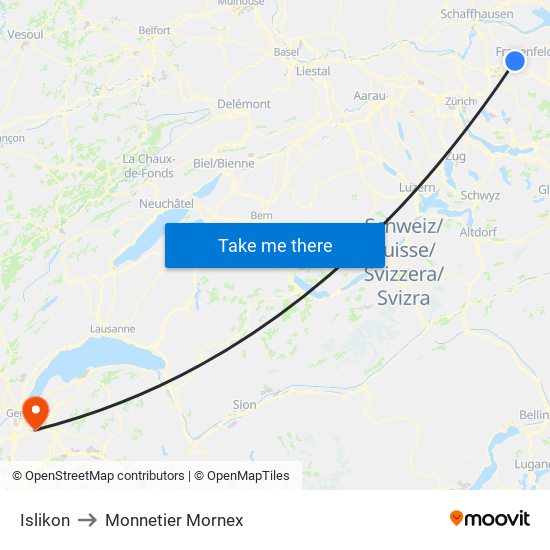 Islikon to Monnetier Mornex map