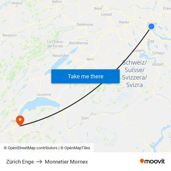 Zürich Enge to Monnetier Mornex map