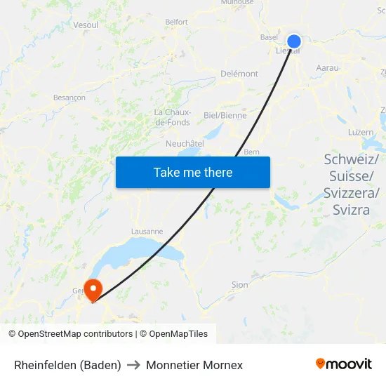 Rheinfelden (Baden) to Monnetier Mornex map