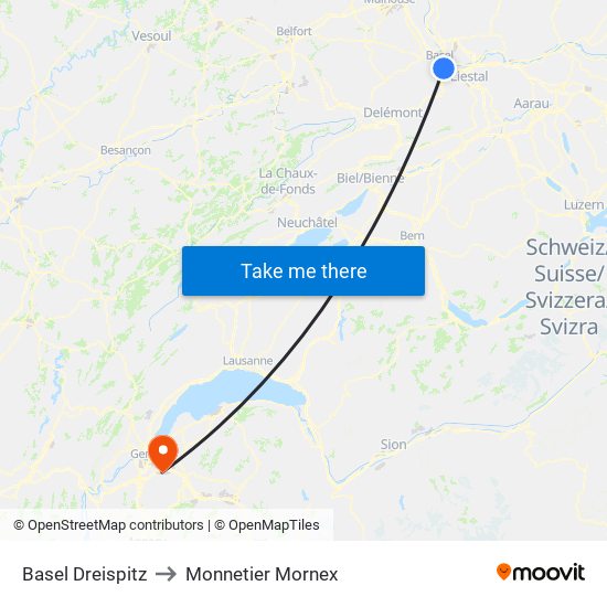 Basel Dreispitz to Monnetier Mornex map