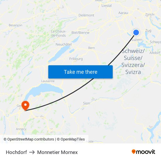 Hochdorf to Monnetier Mornex map