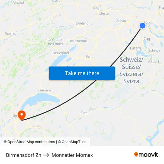 Birmensdorf Zh to Monnetier Mornex map