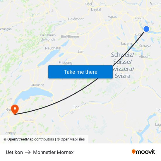 Uetikon to Monnetier Mornex map