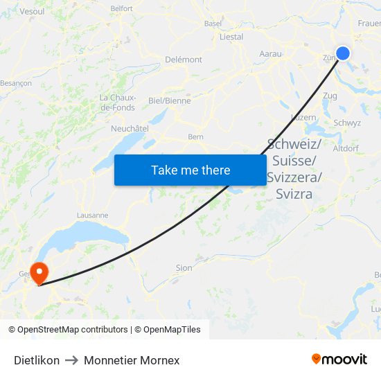 Dietlikon to Monnetier Mornex map