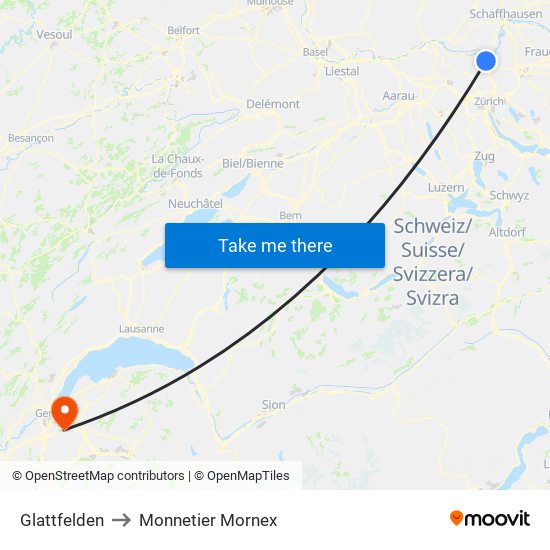 Glattfelden to Monnetier Mornex map