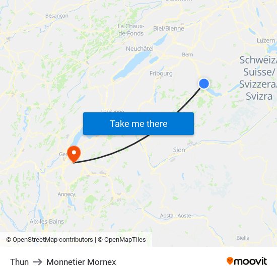 Thun to Monnetier Mornex map